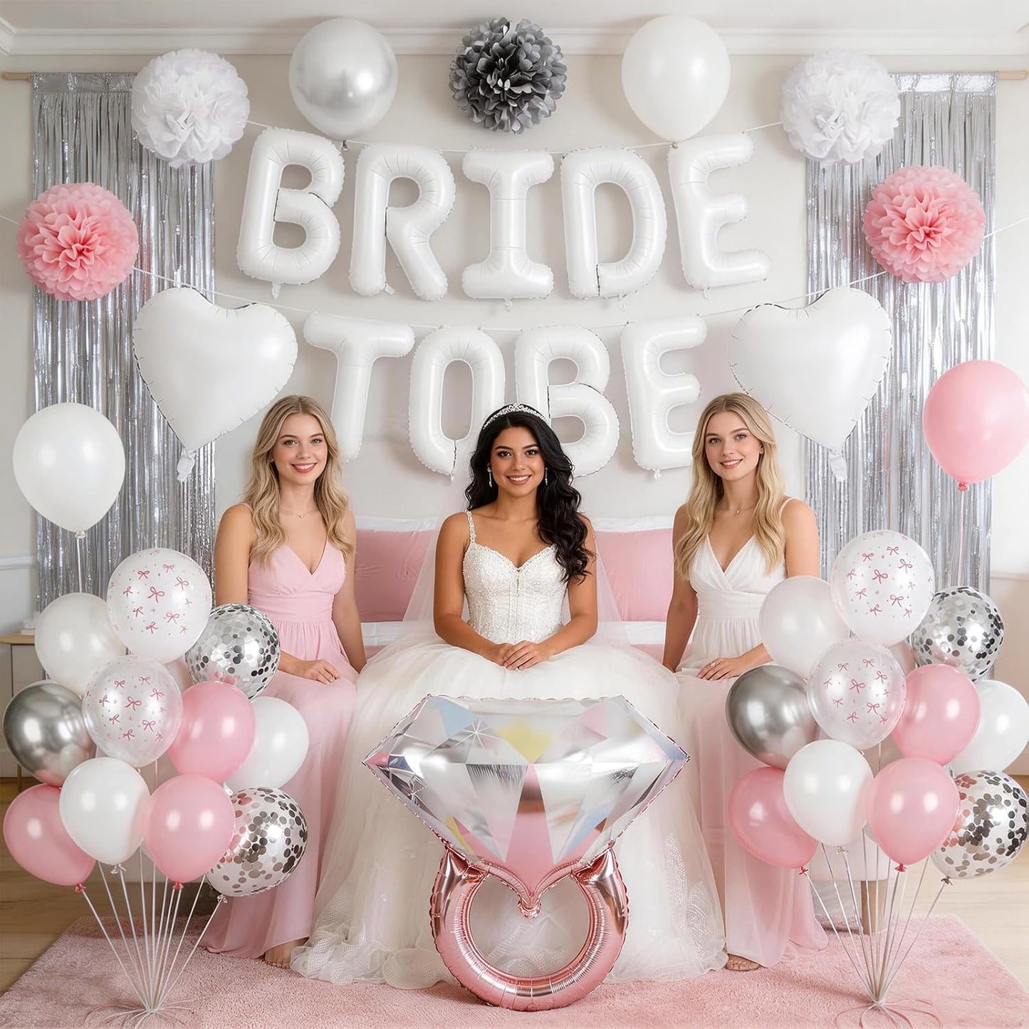 Pink Bachelorette Party Decorations, White Bride To Be Bridal Shower Decoration Ring Heart Balloon Pink White Bow Print and Silver Confetti Balloon Fringe Curtain Paper Pompom for Bachelorette Wedding