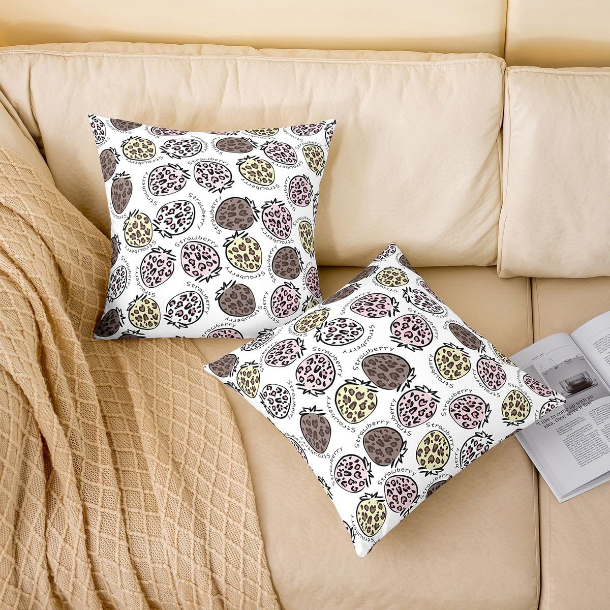 Cartoon Leopard Strawberry Throw Pillow Covers (Pack of 2),Pink Yellow Brown Leopard Cushion Cover for Teens Wild Cheetah Fur Pillow Cases Cute Fruits Pattern Living Room Sofa Bed Decor ,22"Lx22"W