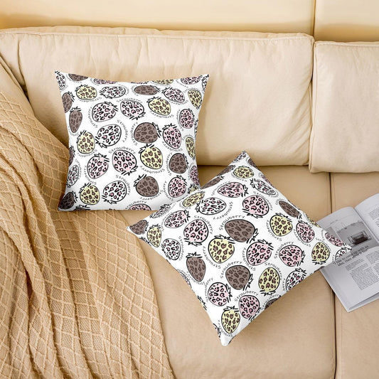 Cartoon Leopard Strawberry Throw Pillow Covers (Pack of 2),Pink Yellow Brown Leopard Cushion Cover for Teens Wild Cheetah Fur Pillow Cases Cute Fruits Pattern Living Room Sofa Bed Decor ,22"Lx22"W