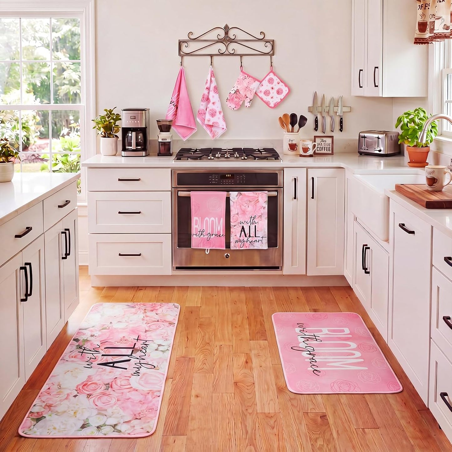 Fourluoo 10 Pcs Pink Floral Kitchen Decor Sets 4 Rose Kitchen Dish Towels 2 Hydrangea Pot Holders 2 Oven Mitts Glove 2 Pink Flowers Rustic Non Slip Rugs and Mats for Floor Home Accessories Mom Gift