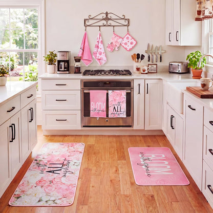 Fourluoo 10 Pcs Pink Floral Kitchen Decor Sets 4 Rose Kitchen Dish Towels 2 Hydrangea Pot Holders 2 Oven Mitts Glove 2 Pink Flowers Rustic Non Slip Rugs and Mats for Floor Home Accessories Mom Gift