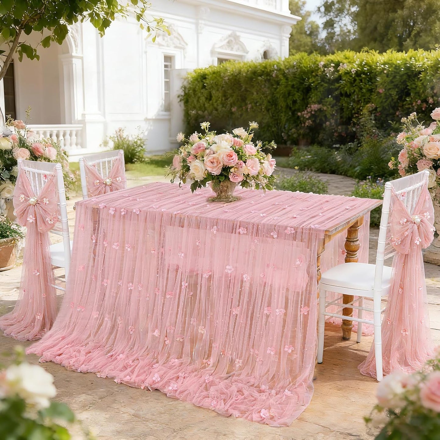 LuoluoHouse Pearl Tulle Tablecloth 10ft Flower Pearl Table Runner Sheer Gauze Fabric Wedding Lace Kitchen Linen for Arch Bridal Shower Veil Baby Shower Sweetheart Table Decorations(Dusty Pink)