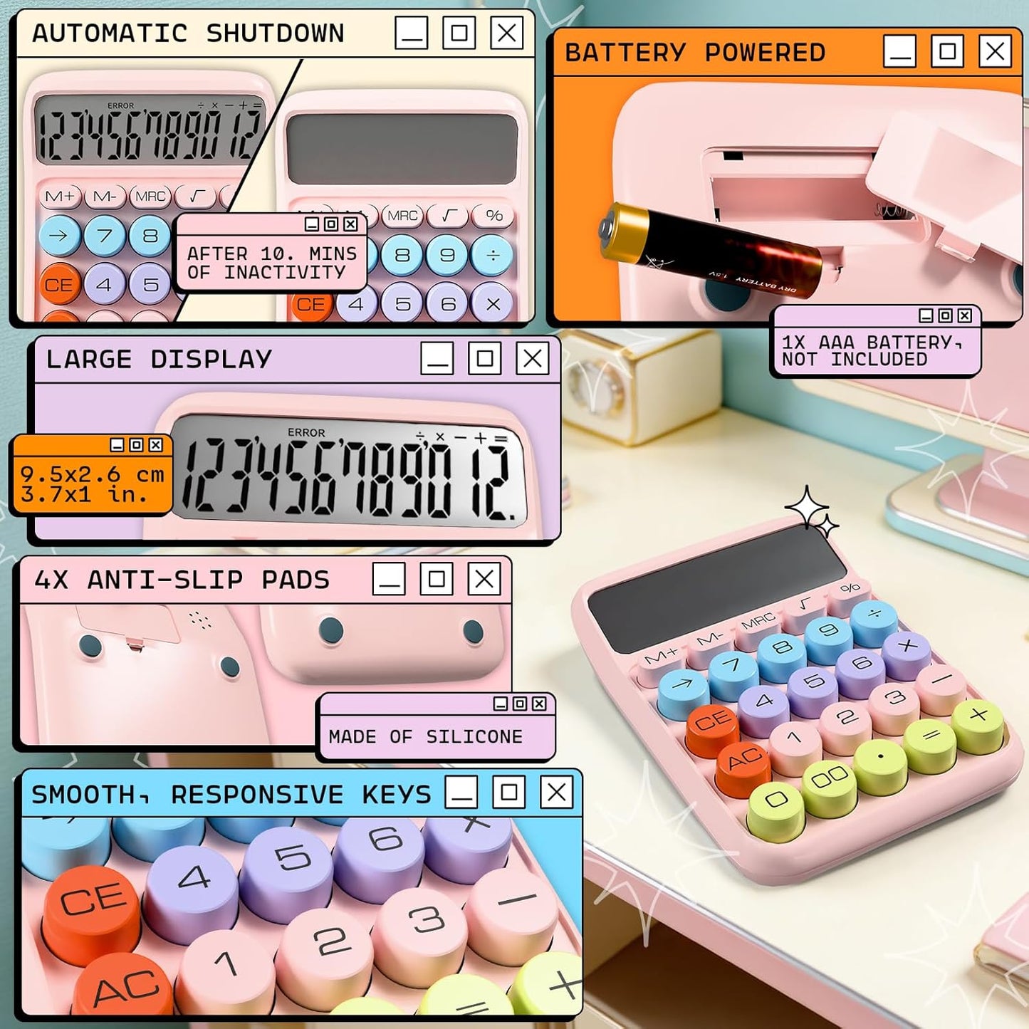 Zeno Pink Calculator – Cute Desk Calculator with Big Buttons, 12-Digit, for School, Office & Pink Desk Accessories