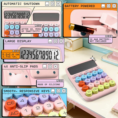 Zeno Pink Calculator – Cute Desk Calculator with Big Buttons, 12-Digit, for School, Office & Pink Desk Accessories