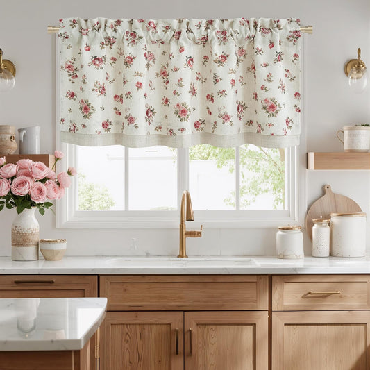 NICETOWN Vintage Pink Rose Floral Valance for Windows, Double-Layer Linen Valance with Shabby Chic Floral Pattern, Decorative Window Topper for Kitchen, Romantic Country Style, W52 x L18 in, 1 Panel