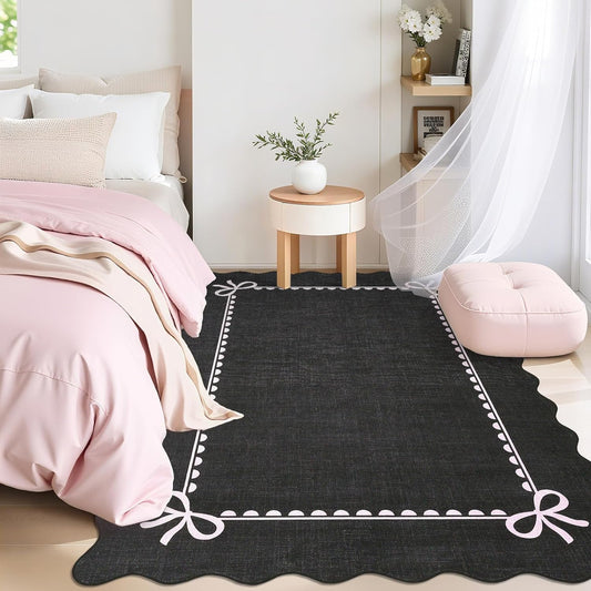 GarveeHome Scalloped Bow Rug for Living Room, Solid Rug for Dorm, Washable Rugs 5x7 Soft Low Pile Non Slip Scalloped Rugs for Nursery College Bedroom Decor Kids Room Playroom, Black Pink