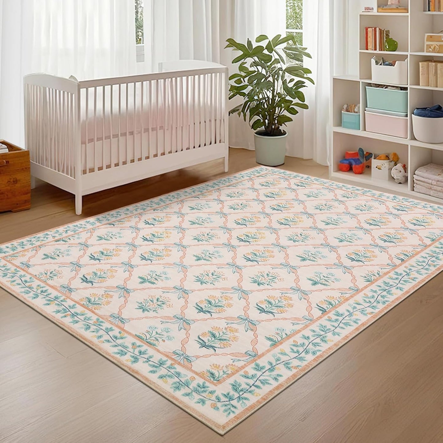 ROYHOME Area Rugs 9x12 Living Room, Pink Washable Rug for Bedroom Girl with Coquette Bow Floral Pattern Non Slip Low-Pile Stain Resistant Large Throw Carpet for Dining Room Dorm Nursery, Pink