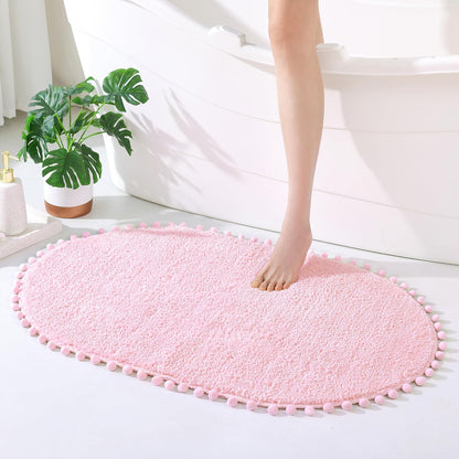 YIRDDEO Bath Mat Pink Rug with Pom Oval Bathroom Rugs for Bedroom Non Slip Cute Boho Absorbent Mats Soft Plush Washable Rug (24x36 inches)