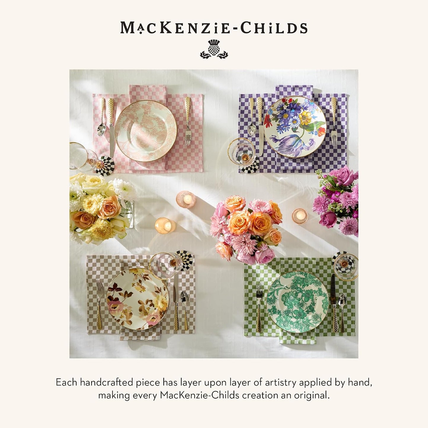 MACKENZIE-CHILDS Set of 4 Cotton Placemats, Decorative Table Mats, Pink Check