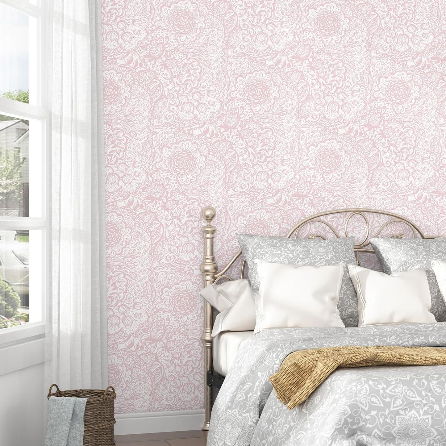 Pink Peel and Stick Wallpaper Boho Wall Paper Pink Floral Wallpaper for Bedroom Bathroom Living Room Removable Self Adhsive Floral Contact Paper for Cabinets Nursery Shelf Liner 17.5"x102"