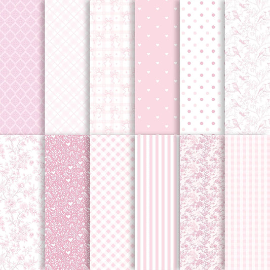 24 Sheets Pink Floral Bird Bow Scrapbook Paper, Preppy Floral Ribbon Bow Birds Decorative Craft Paper Folded Flat for Girly Birthday Baby Shower Card Making Photo Album Decor, 12'' x 12'' (A)