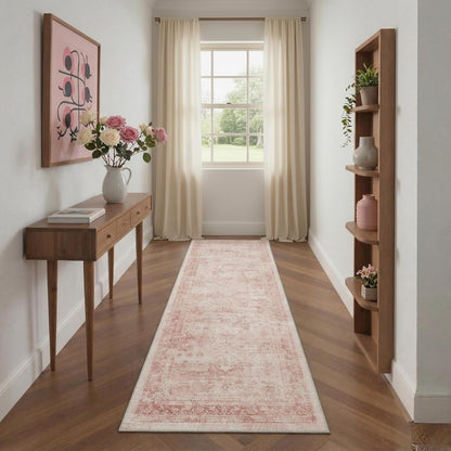 GENIMO 6x9 Area Rugs for Living Room, Machine Washable Non Slip Vintage Rugs, Low Pile Lightweight Chenille Print Rug for Bedroom, Dining Room, Home Office, Pink