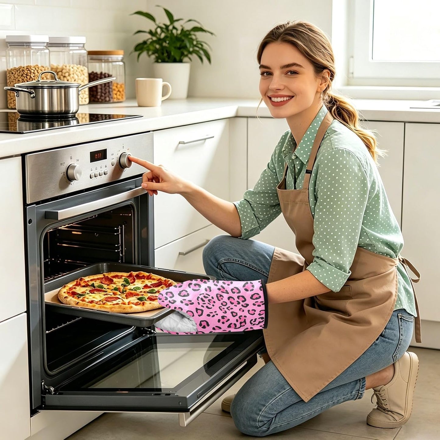 Oven Mitt 2 Pack Set Bright Pink Leopard Print Kitchen Mitts Gloves for for Cooking Baking Grilling