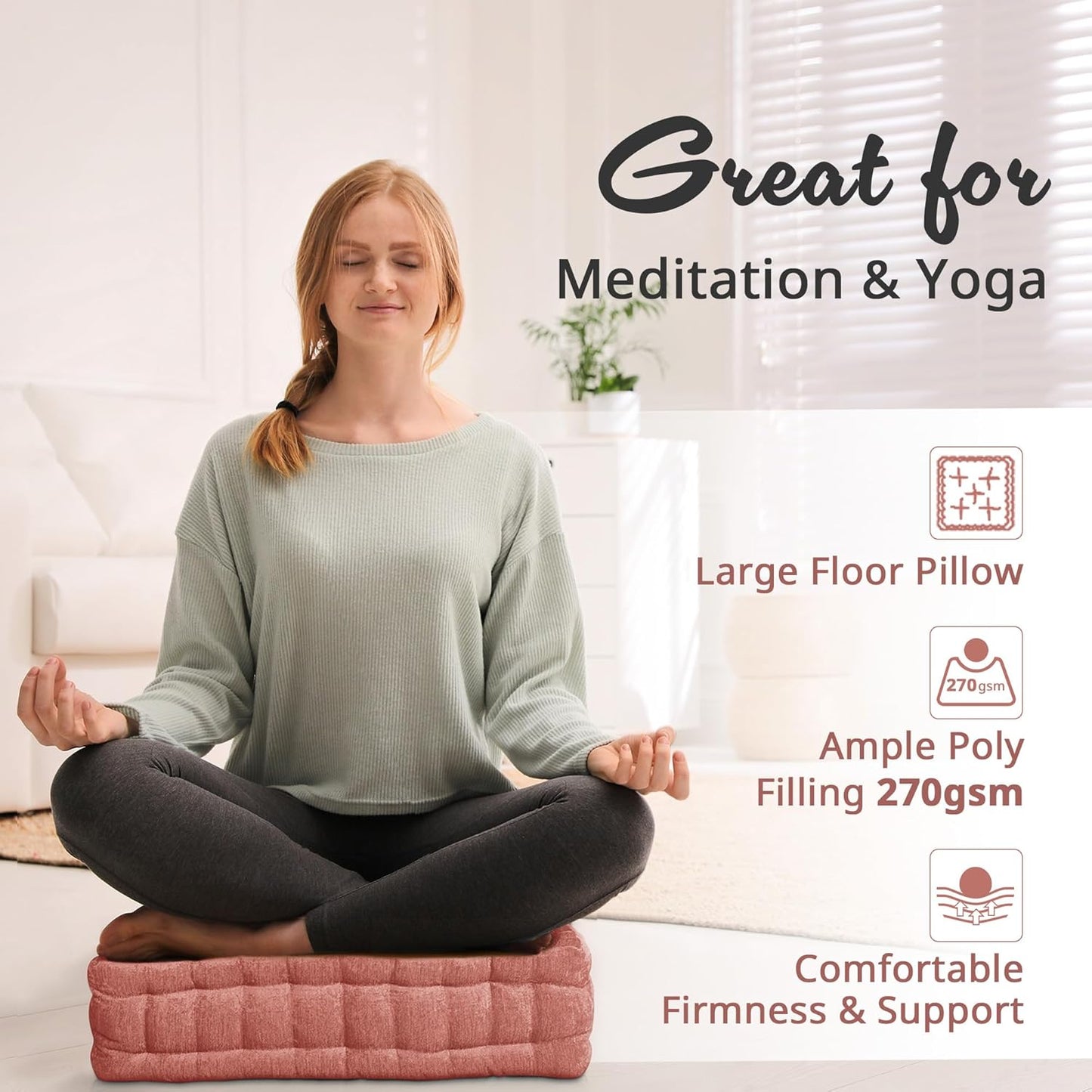Intelligent Design Azza Floor Pillow, Large Seat Cushions for Adults, Floor Pillow for Meditation or Yoga, Lustrous Chenille Tufted, Scalloped Edges for Bench/Chair Cushion, 20"x20"x5", Dusty Peach