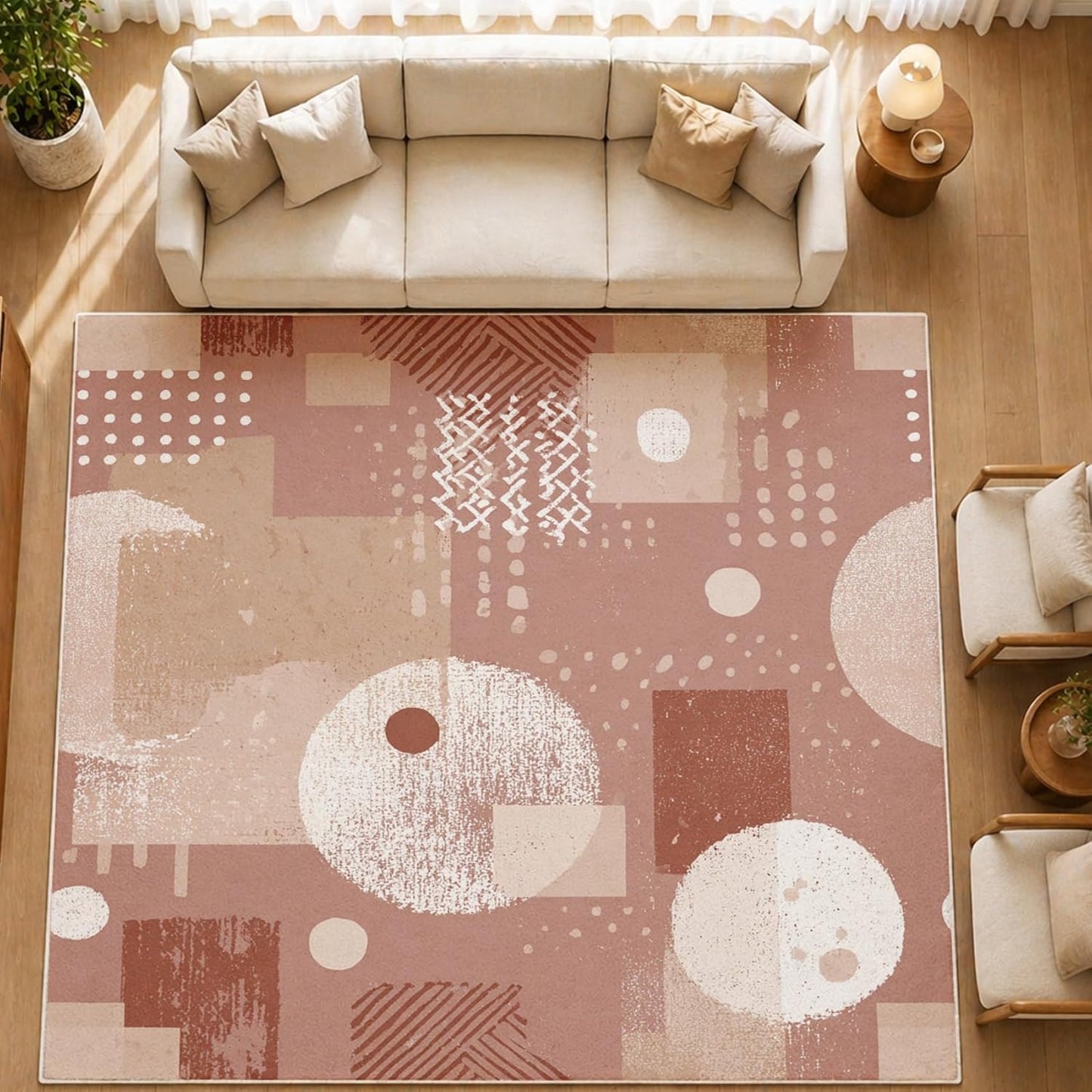Boho Geometric 5x7 Area Rugs for Living Room, Washable Pink Abstract Geometry Large Rug, Modern Minimalism Pattern Carpet Soft Low Pile Non Slip for Bedroom Home Decor SBY360rs