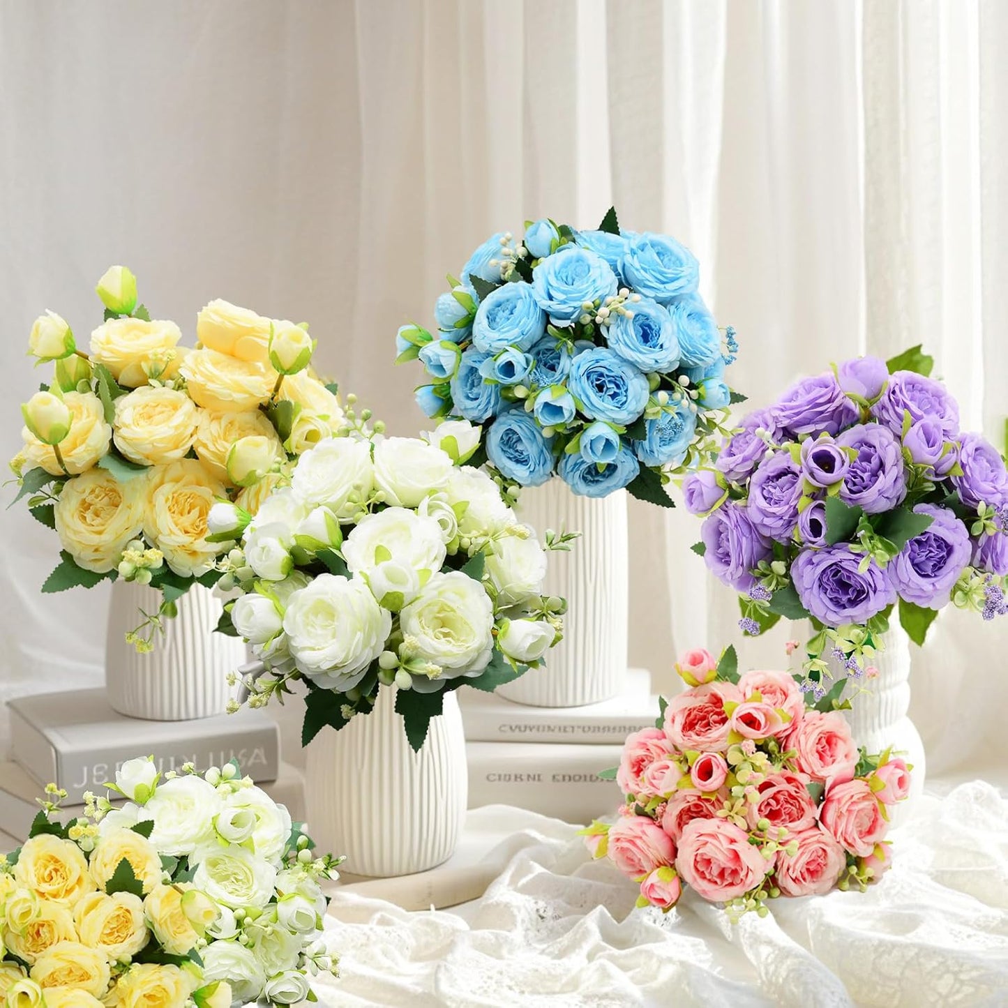 2 Pack Artificial Flowers Bouquet, 10 Pcs Austin Roses Silk Flowers Heads, Fake Peonies Flower for Home Decor Table Centerpieces Wedding Bridal Bouquet Mother's Day Valentine's Day, Pink
