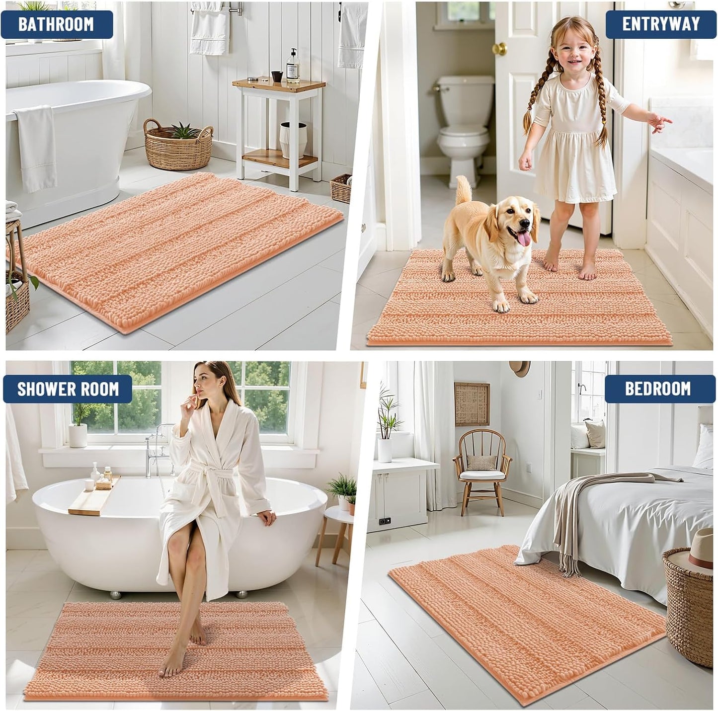 Grandaily Chenille Striped Bathroom Rugs 30x20, Extra Thick and Soft Absorbent Bath Mats, Rubber Backing, Plush Shaggy Shower Carpet, Machine Wash Dry, Bath Rug for Bathroom, Peach