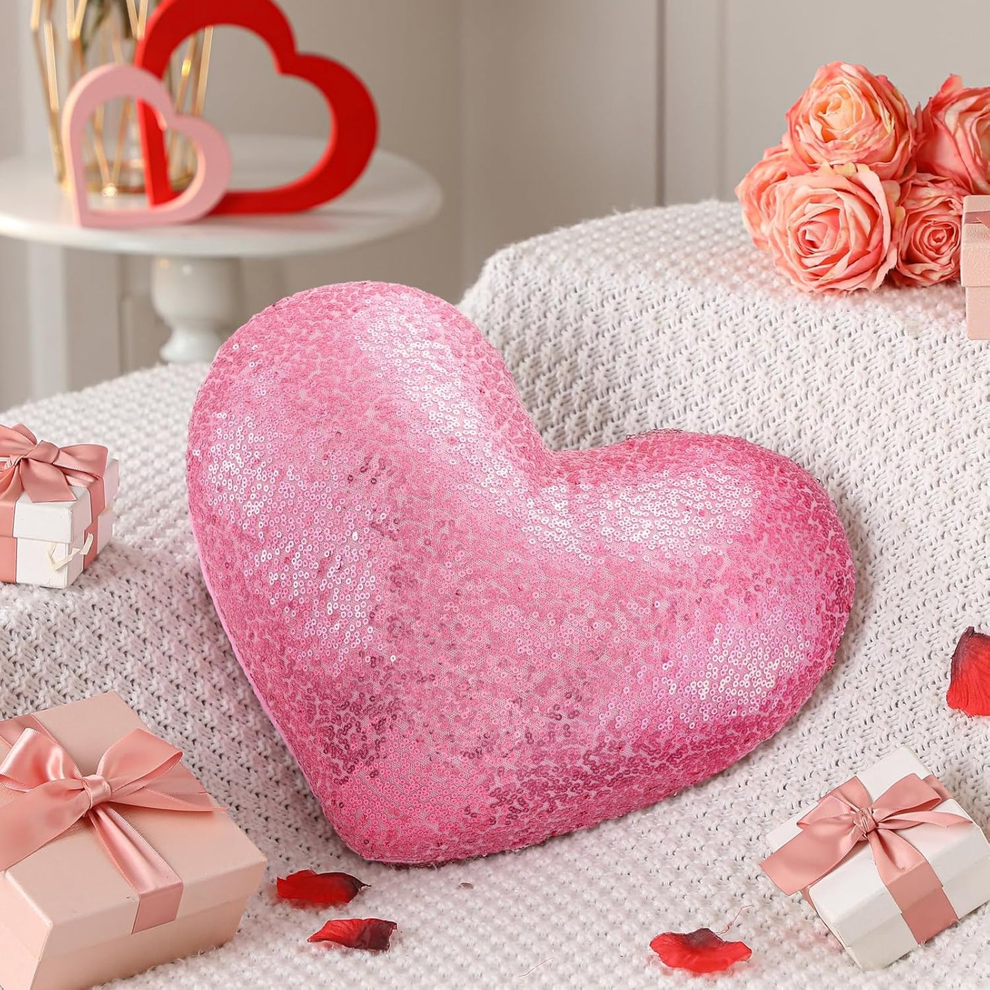 Yookeer Glitter Sequins Heart Shaped Pillow 14'' x 12' Decorative Sparkling Throw Pillows Solid Soft Shiny Cushion for Women Girls Wedding Anniversary Bed Couch Decor(Pink)
