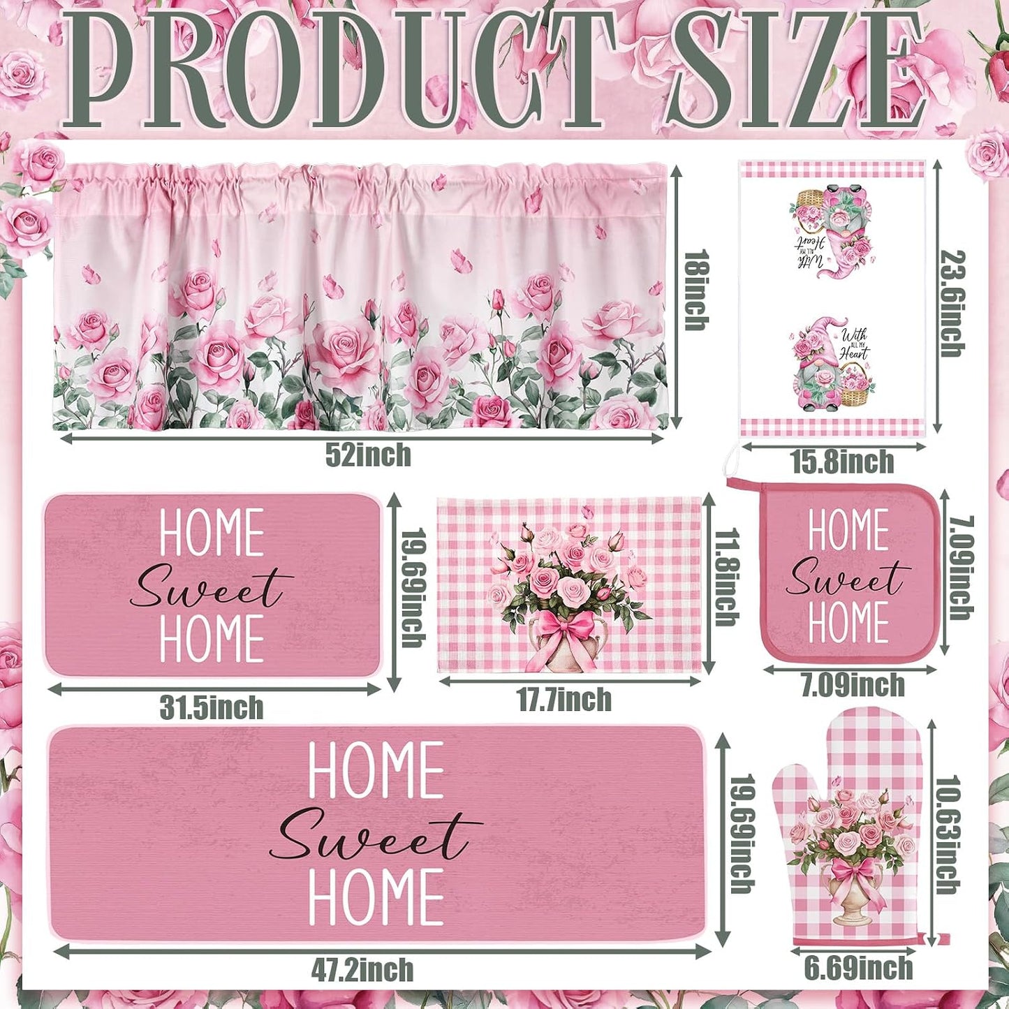 Fourluoo 16 Pcs Pink Rose Kitchen Decor Set Kitchen Towels Placemats Non Slip Rugs and Mats for Floor Oven Mitts Gloves Pot Holders Floral Curtains for Home Decoration Gift