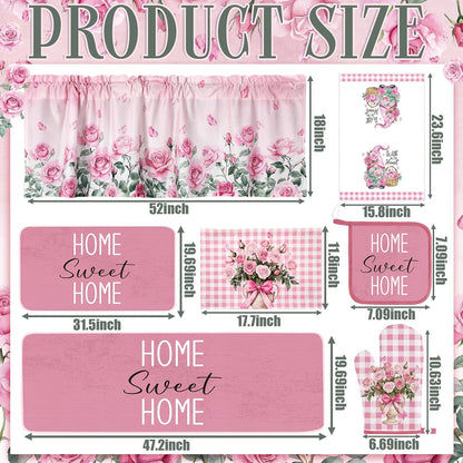 Fourluoo 16 Pcs Pink Rose Kitchen Decor Set Kitchen Towels Placemats Non Slip Rugs and Mats for Floor Oven Mitts Gloves Pot Holders Floral Curtains for Home Decoration Gift