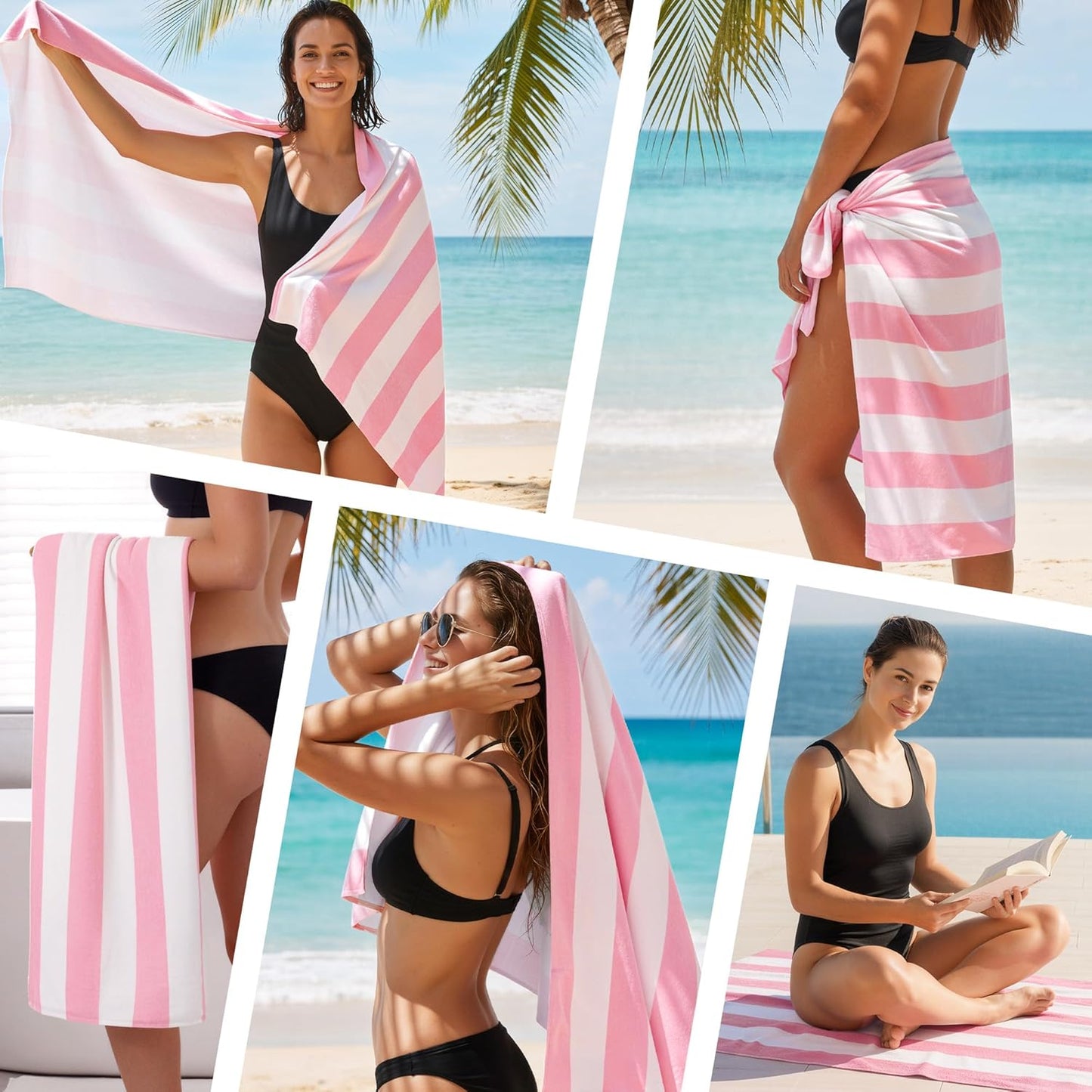 Touchat 4 Pack Beach Towels Oversized 30'' x 60'' Microfiber Pool Swim Bath Camping Travel Cabana Stripe Quick-Dry Super Absorbent Lightweight Sand Free Towel for Adults, Multi-Functional，Pink