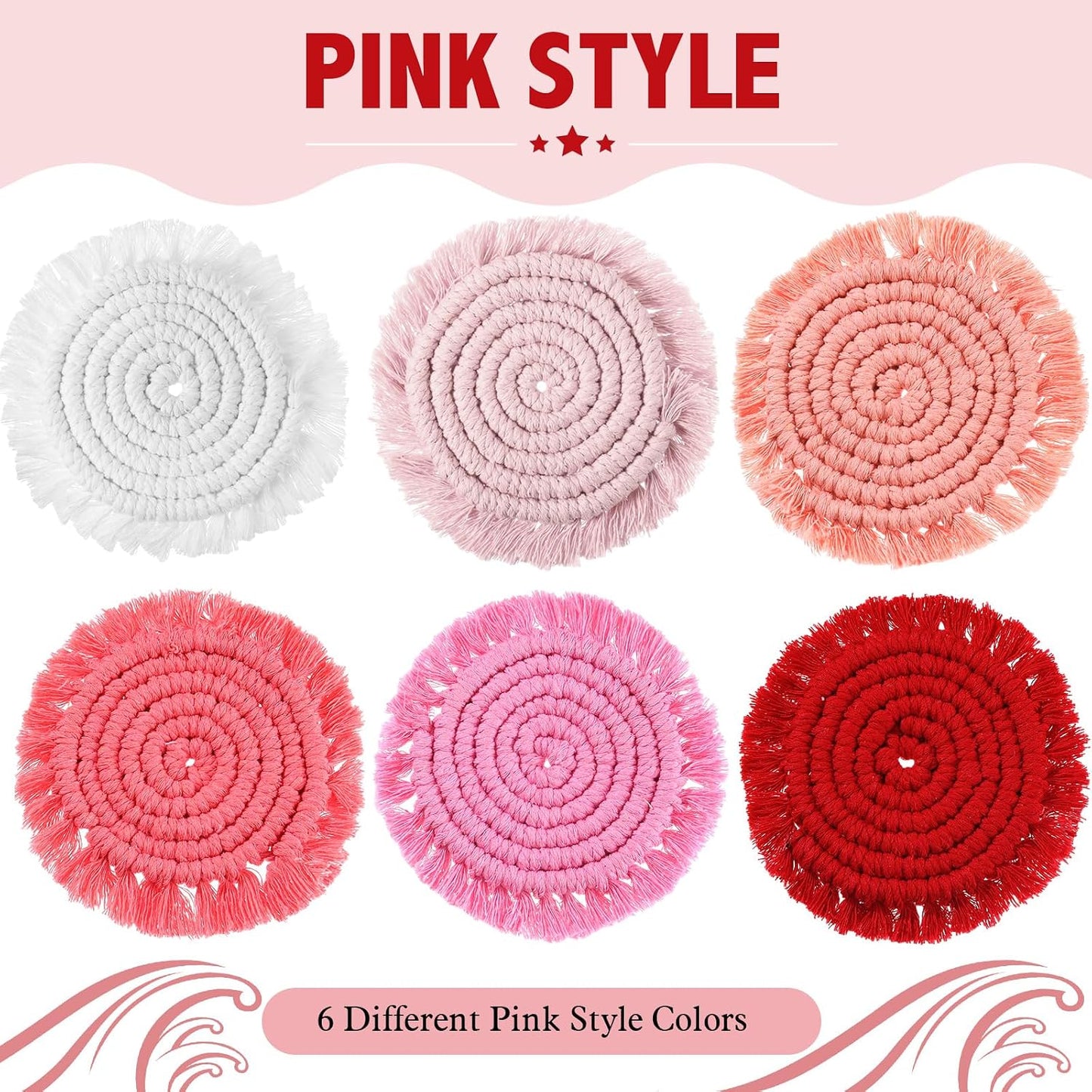 Coasters Set of 6 for Drinks Boho Absorbent Woven Cotton Coaster with Holder Farmhouse Tassel Macrame Cup Mat Housewarming Gift for Coffee Table Home Kitchen Office Decoration, 4 in(Pink)