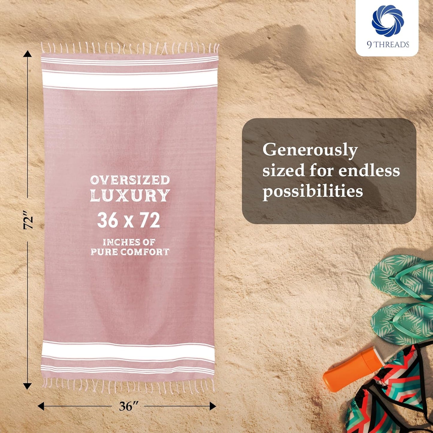 Cotton Turkish Beach Towel with Towels Oversized 36"x72" Pool Absorbent Extra Large Quick Dry Sand Travel Towel (Pink, 4 Pack)