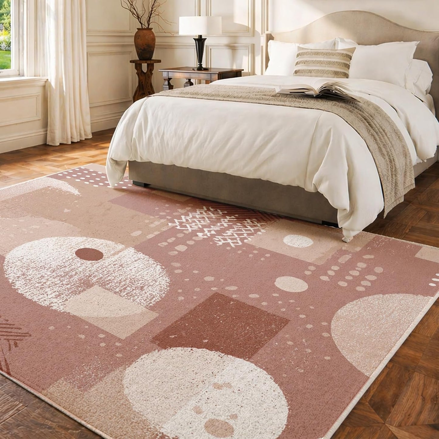 Boho Geometric 5x7 Area Rugs for Living Room, Washable Pink Abstract Geometry Large Rug, Modern Minimalism Pattern Carpet Soft Low Pile Non Slip for Bedroom Home Decor SBY360rs