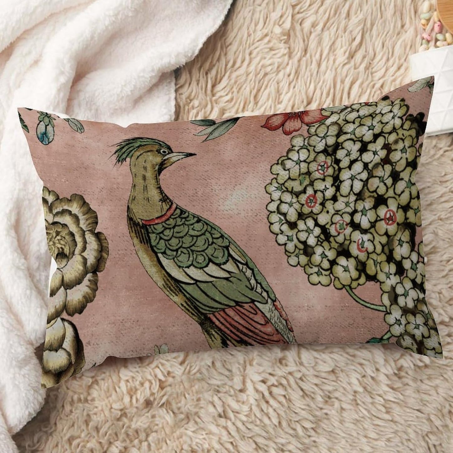 ArogGeld Chinoiserie Cushion Cover Pink Blush Chinoiserie Bird Throw Lumbar Pillow Cover Hydrangea Camellia and Peacock Pillow Cases Farmhouse Decor for Living Room Bedroom 12x20in White Flax