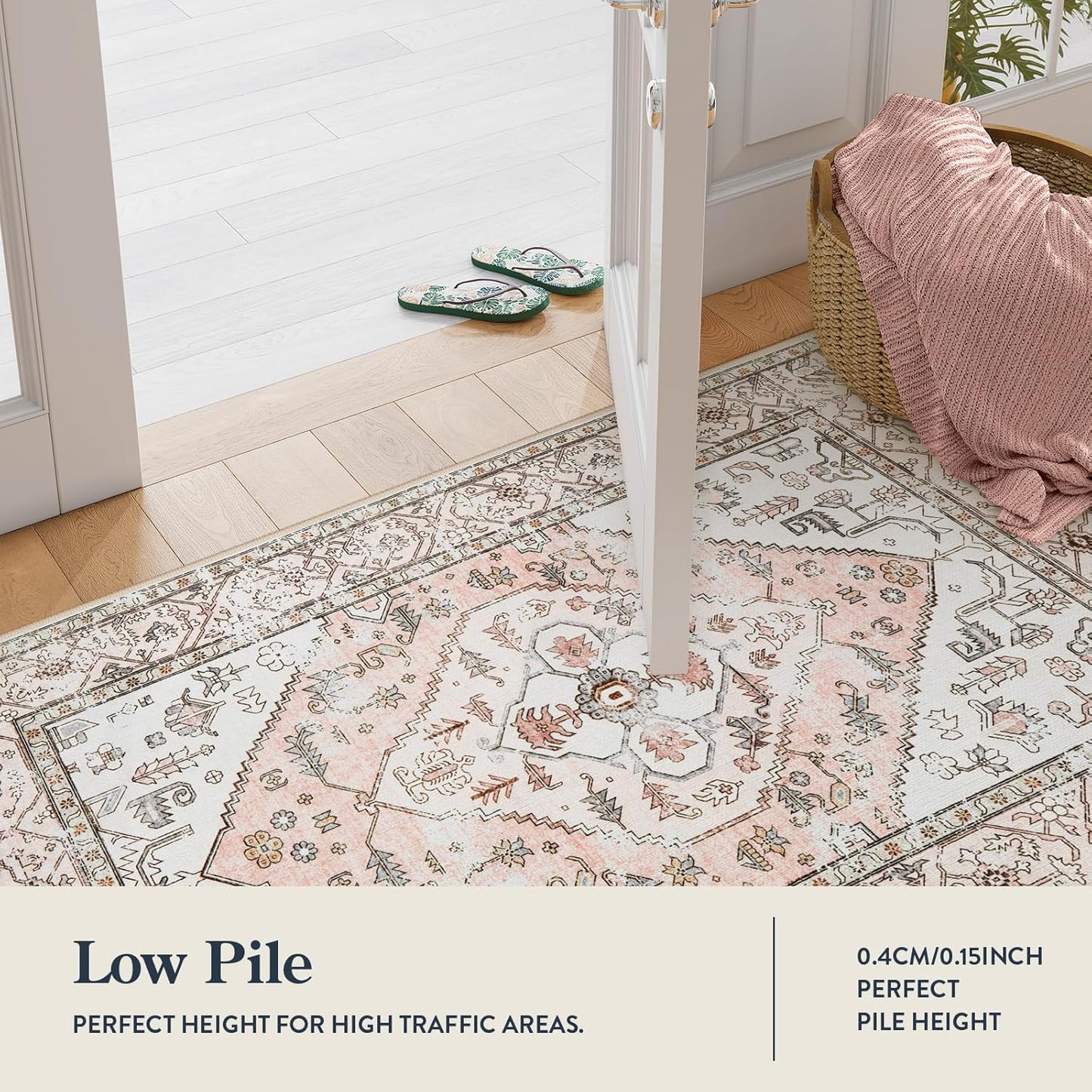 Lahome Boho Washable Non-Slip Pink Rug - Ultra-Thin Non-Shedding Bedroom Bathroom Carpet Runner for Hallway Entryway Adelyn (Pink, 2'x6')
