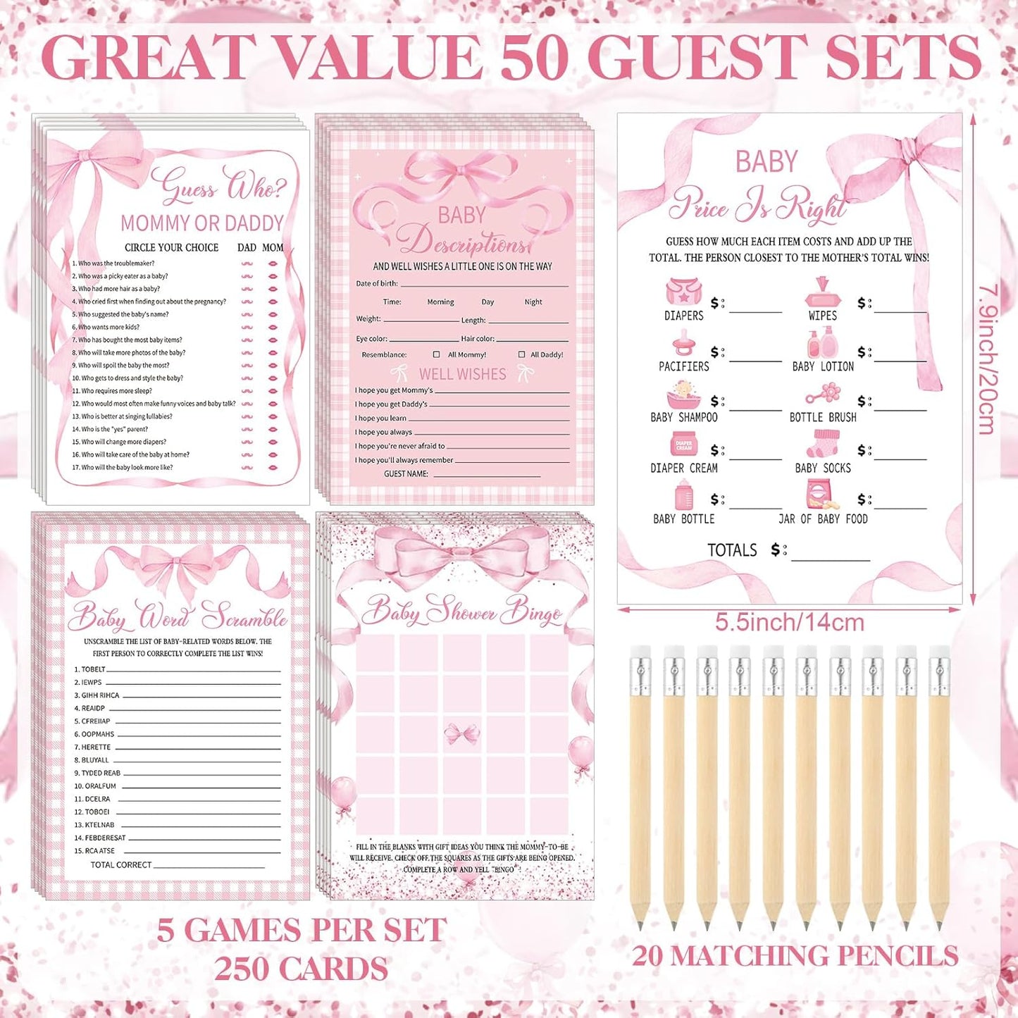 Patelai 321 Pcs Pink Bow Baby Shower Decorations Set 5 Games Include Pink Ribbon Baby Shower Bingo Word Scramble Description The Price Guess Don't Say The Word Sign for Coquette Bow Game Party Decor