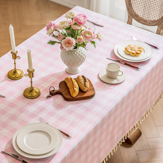 Checkered Tablecloth Round Cotton Linen Gingham Table Cloth with Tassel Washable Wrinkle Free Heavy Duty Buffalo Plaid Table Cover for Dining/Party/Picnic (Pink, 55" x 55" (Round))