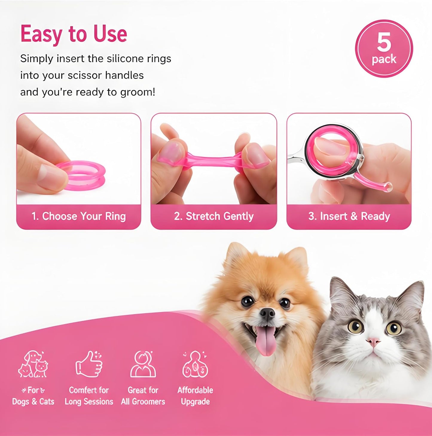 5 Pcs Pink Silicone Scissors Finger Rings Grips, Grooming Shear Thumb Grip Inserts for Pet Hair Cutting Tools (5)