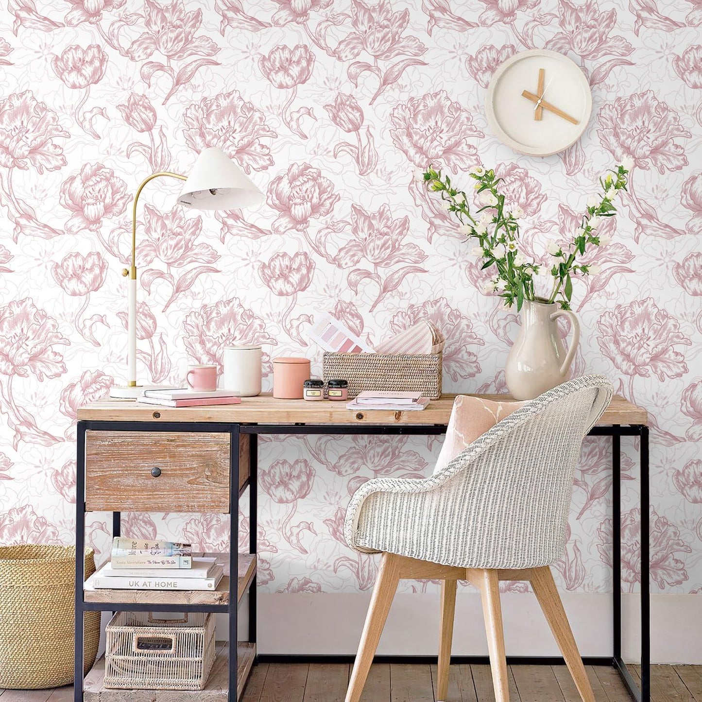 Timeet 17.7In ×197In Pink Peel and Stick Wallpaper, Floral Peel and Stick Wallpaper Boho Contact Paper Removable Self Adhesive Bedroom Cabinet Mural Wall Decor Vinyl Roll