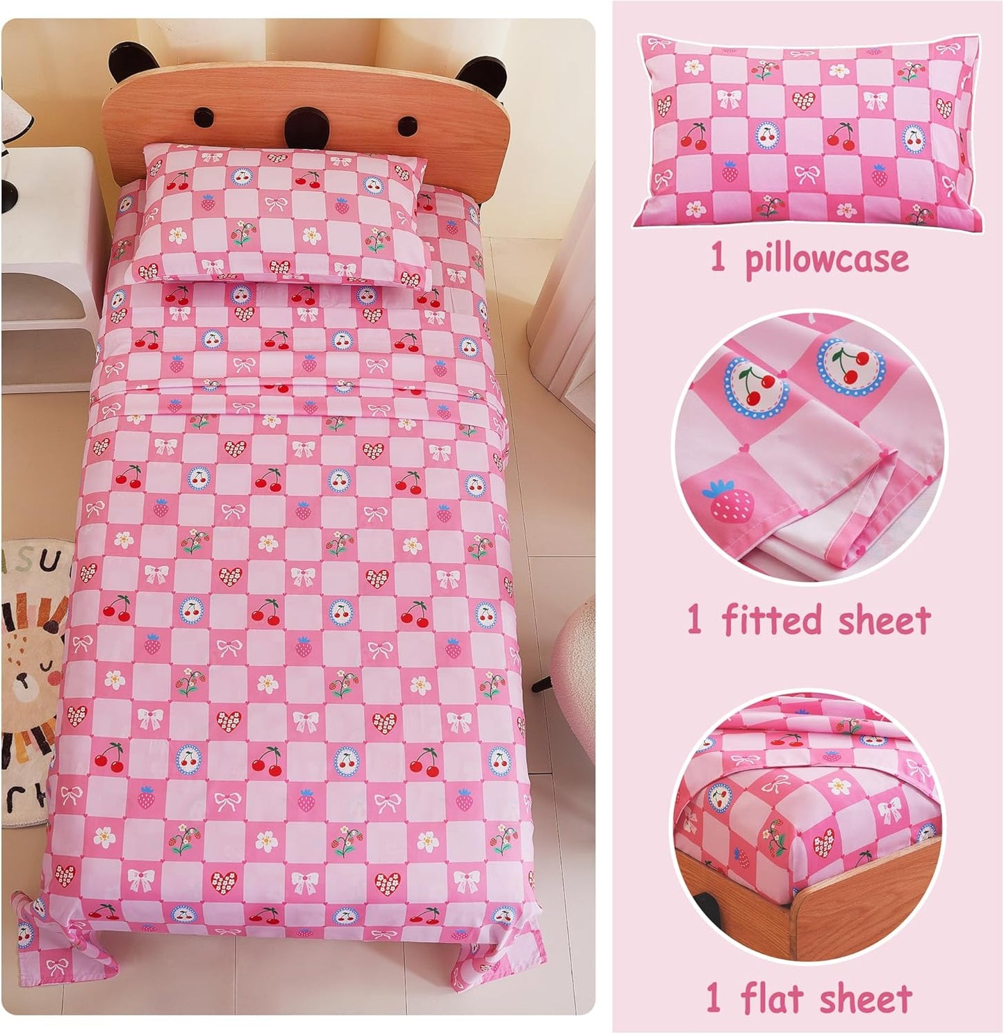 Softan Kids Bed Sheet Set, 3-Piece Twin Sheets Set, Microfiber Fitted Sheet with Corner Straps, Breathable & Silky Soft Pink Fruit Checkered Pattern Sheet and Pillowcase Sets