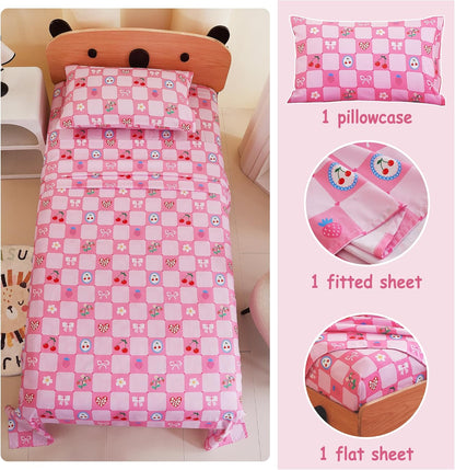 Softan Kids Bed Sheet Set, 3-Piece Twin Sheets Set, Microfiber Fitted Sheet with Corner Straps, Breathable & Silky Soft Pink Fruit Checkered Pattern Sheet and Pillowcase Sets