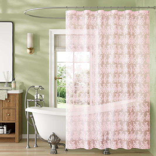 Bathway Pink Lace Shower Curtain 72x72 Inches, Girly Sheer Vintage Boho Farmhouse Cute Rustic Decorative Lace Shower Curtains for Bathroom, Room dividers, Party Backdrop