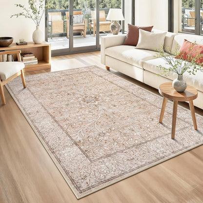 Collive 5x7 Area Rugs, Machine Washable Floral Living Room Bedroom Rug, Vintage Distressed Neutral Non Slip Low Pile Throw Carpet, Soft Retro Rugs for Dining Room Nursery Office, Pink Grey