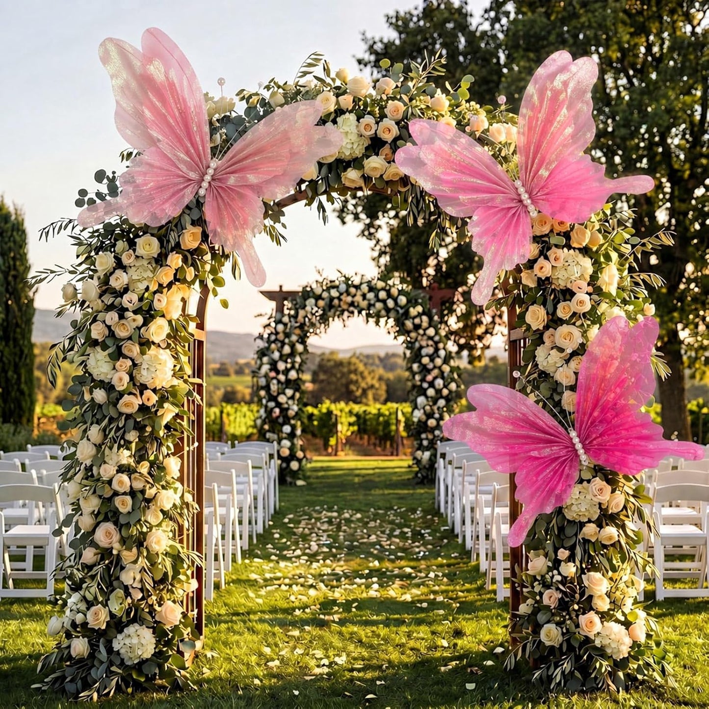 Havawish 3 Pcs 19.7in Giant Butterfly Decoration for Wedding Party Reception, Artificial Gauze Large Butterfly Prop for Banquet Ceremony Church, Pink, Peach Pink, Rose Red
