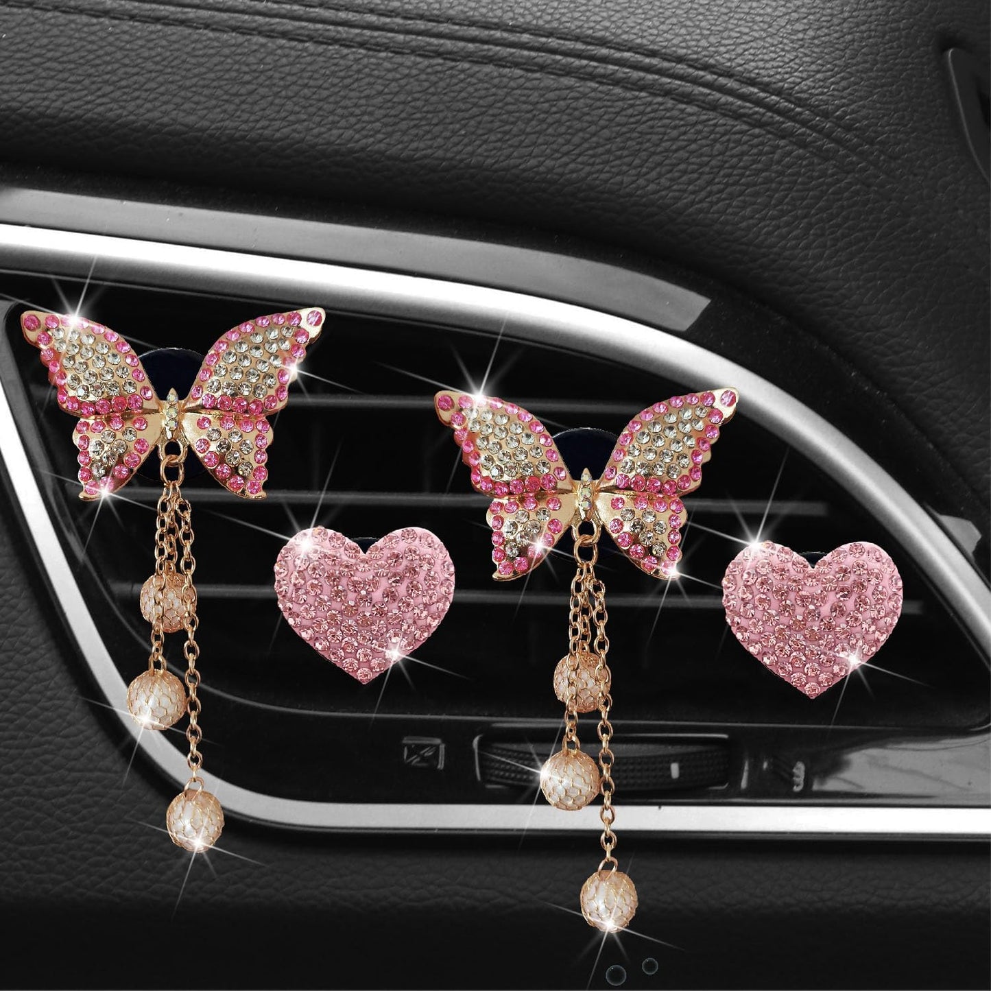 Pink Heart & Butterfly Air Vent Clips, 4 Pcs Bling Heart & Butterfly Air Fresheners Vents Clips Diamond Car Interior Decor Bling Cute Pink Car Accessories Decoration for Women + Heart Mask Hook