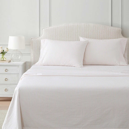 Martha Stewart - Queen Size Sheets Set, Crisp & Tailored Cooling Sheets with a Smooth Cotton Percale Lightweight Feel - Bed Sheets with Matching Pillowcases & Fitted Sheet (Ticking Stripe Pink)