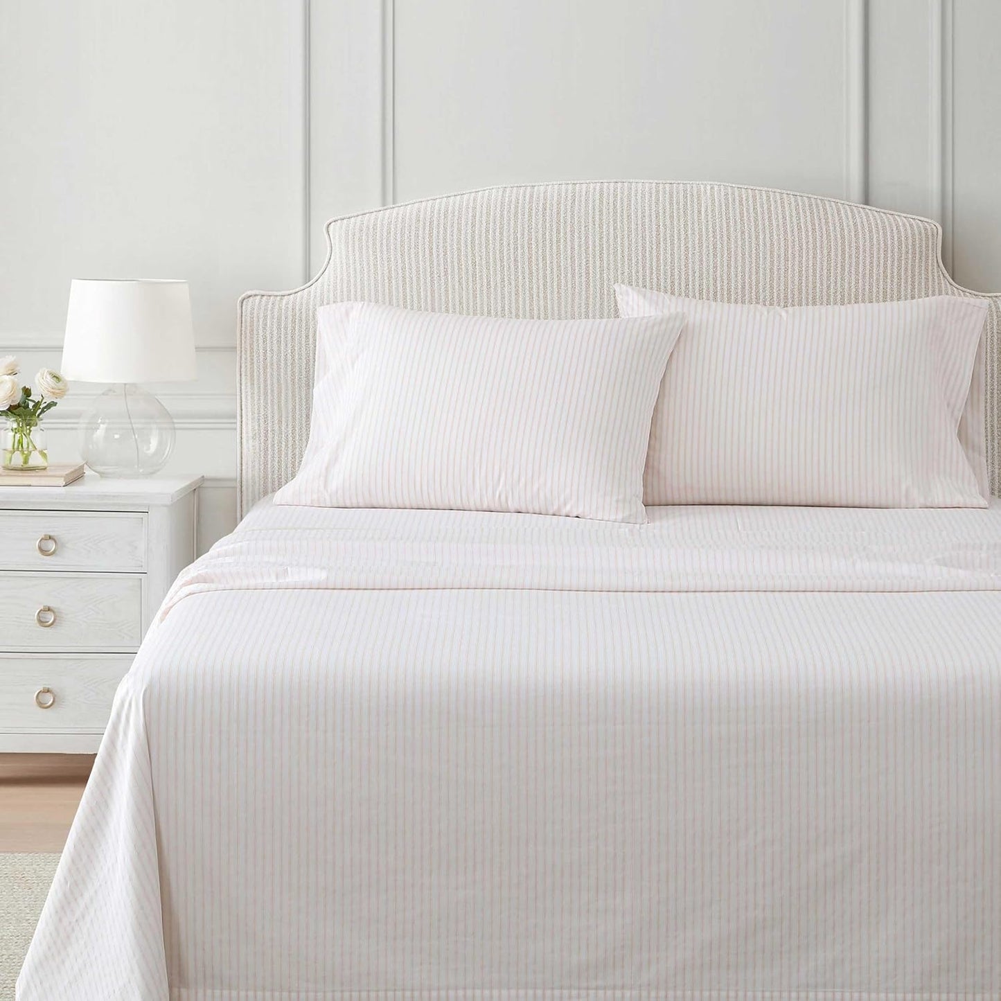 Martha Stewart - Full Size Sheets Set, Crisp & Tailored Cooling Sheets with a Smooth Cotton Percale Lightweight Feel - Bed Sheets with Matching Pillowcases & Fitted Sheet (Ticking Stripe Pink)