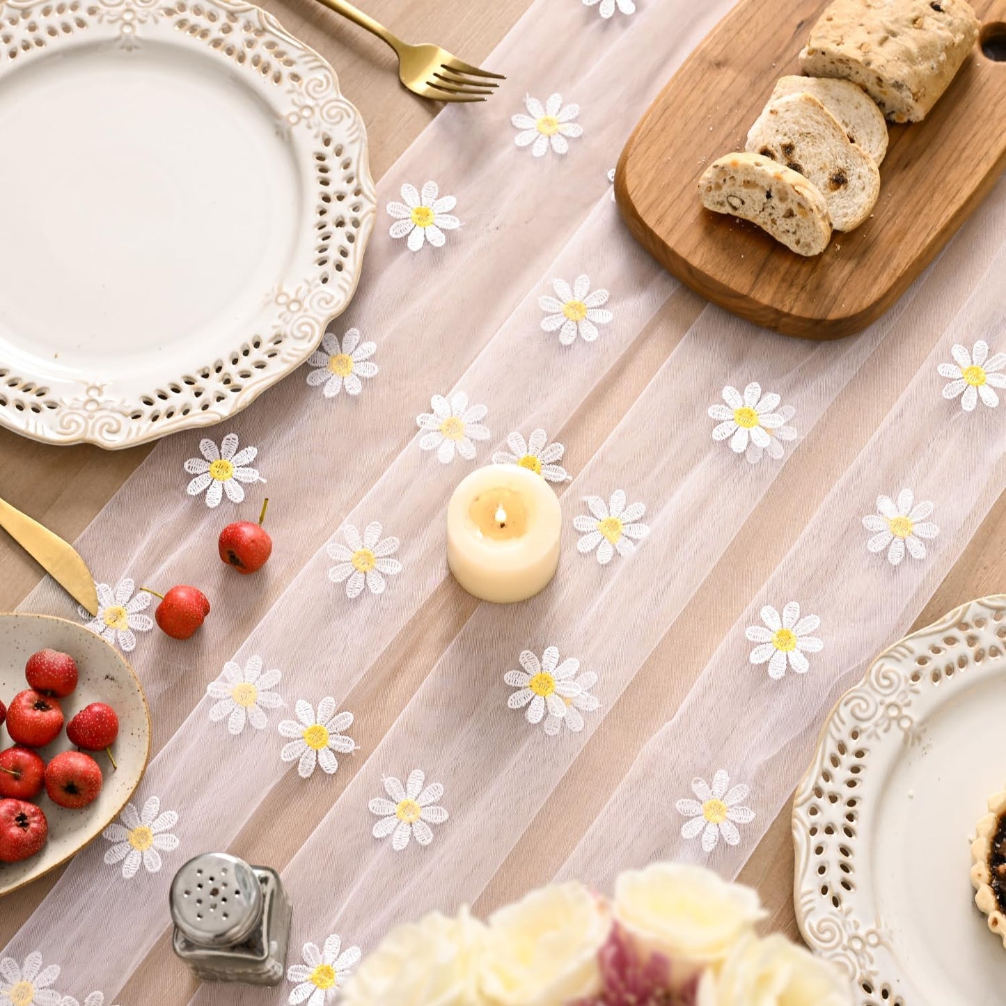 Artoid Mode Light Pink Daisy Gauze Embroidery Table Runner 120 Inch 10FT, Tulle Seasonal Spring Kitchen Dining Holiday Table Decor for Home Party