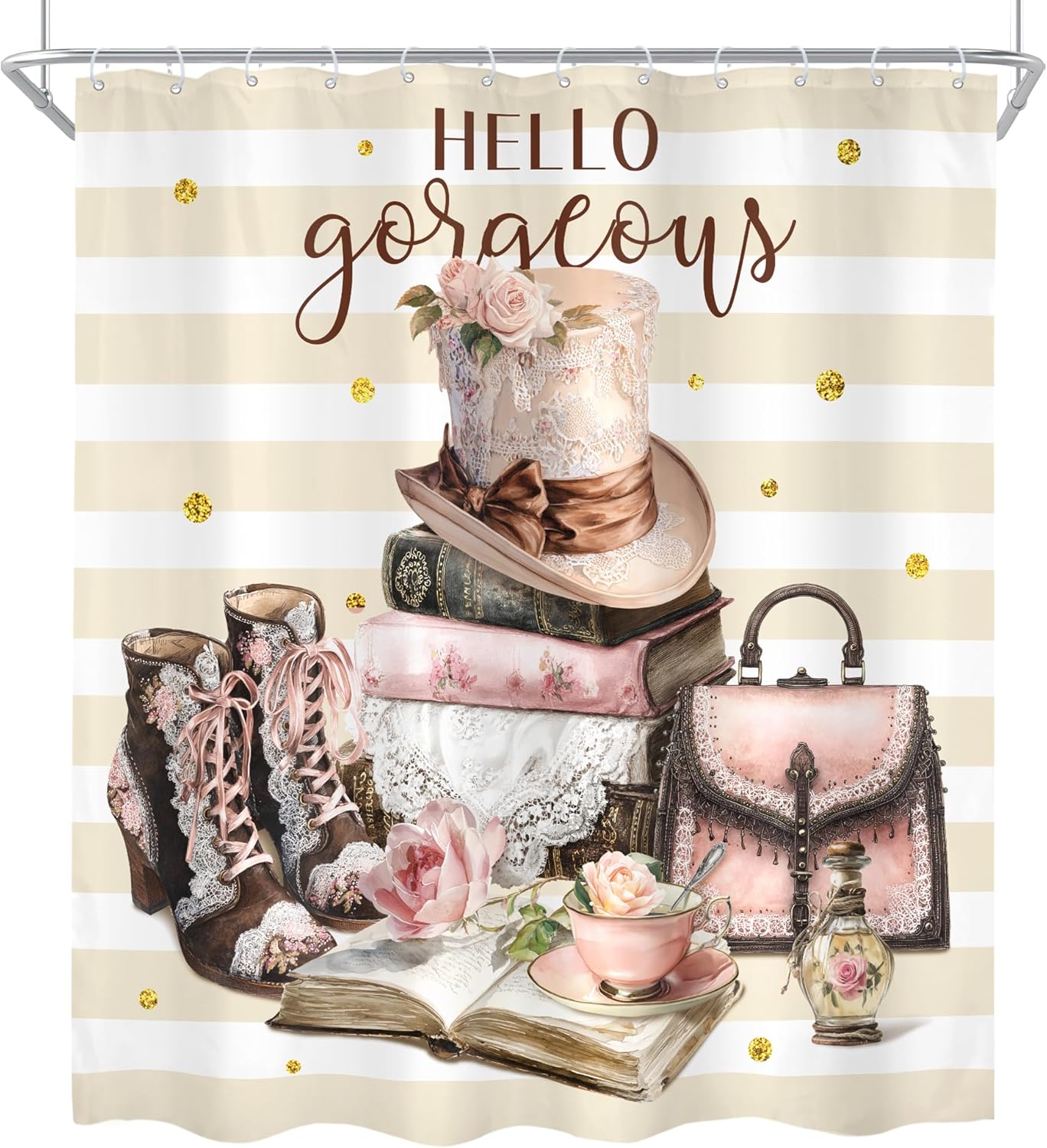 4Pcs Pink Brown Shower Curtain Set, Vintage Fashion Lace Flower Beige White Striped Books Boots Cups Bathroom Curtain with Rug, Toilet Lid Cover, Bath Mat, Women Shower Curtain with 12 Hooks
