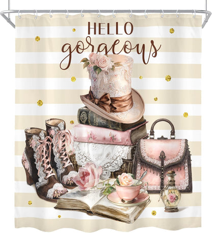 4Pcs Pink Brown Shower Curtain Set, Vintage Fashion Lace Flower Beige White Striped Books Boots Cups Bathroom Curtain with Rug, Toilet Lid Cover, Bath Mat, Women Shower Curtain with 12 Hooks
