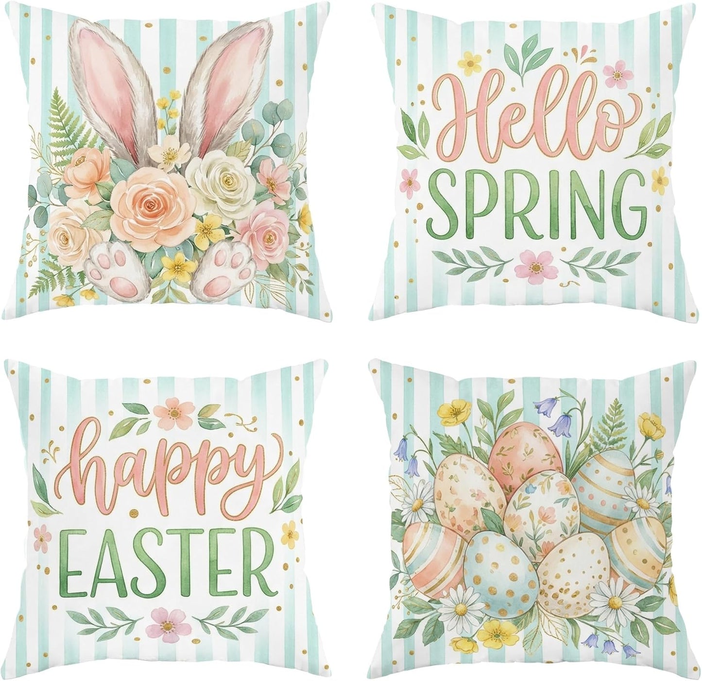 Bunny Throw Pillow Covers Set of 4, Spring Festive Flowers Easter Eggs Easter Pastel Peach Soft Velvet Washable Pattern Pillow Covers for Living Room Bed Office Sofa Chair Decor 16x16 Inch