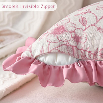 Yinhua Floral Linen Throw Pillow Covers 18x18 Inches Set of 2, Farmhouse Decorative Couch Pillow Covers with Ruffle, French Country Throw Pillowcases Soft Cushion Covers for Sofa Bed Living Room, Pink