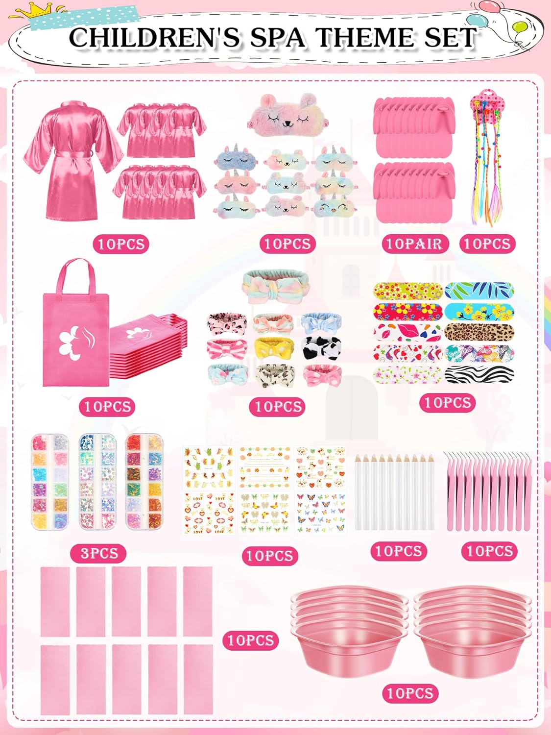 Suhine 10 Set Spa Party Supplies for Girls, Kids Satin Robes Nail Salon Kit Spa Kit Accessories for Birthday Party Favors
