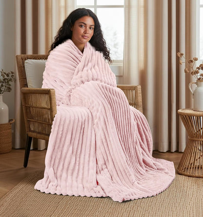 Utopia Bedding Pink Striped Fleece Blanket Throw Size – Fluffy, Warm & Lightweight Ribbed Throw for Bed, Sofa & Chair - Soft Cozy Blanket for Home Décor & Gifting (50x60 Inches)