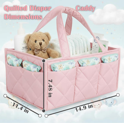 Baby Diaper Caddy Organiser with Zipper Pockets & Removable Dividers Soft Quilted Polyester & Silk Floss Nursery Storage Basket for Nappies, Wipes & Newborn Essentials, Baby Shower Gifts (Pink)